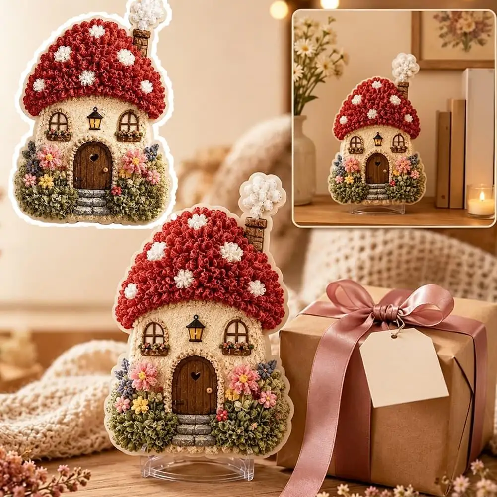 3D Fabric Poke Art Kit Whimsical Village Acorn Bakery No Sew DIY Craft Set Handmade Textile Art Home Decor Gift for Beginners