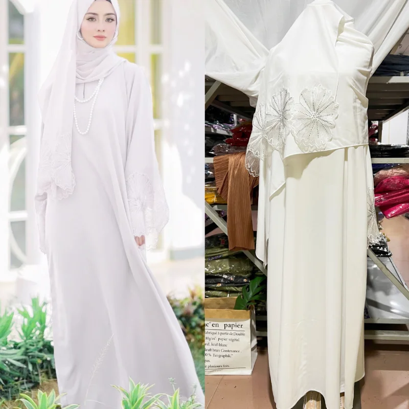 2023 Islam Ramadan Abaya abito da preghiera in tinta unita Robe Femme Musulmane malesia abito da donna indonesiano con foulard