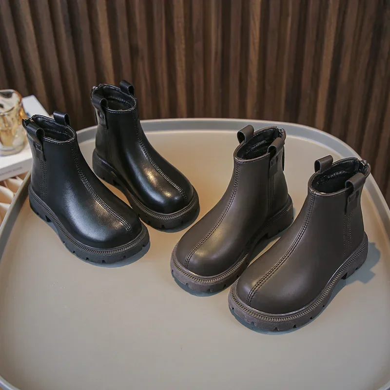 Girls Chelsea Boots Round-toe Children Leather Boots Non-slip 2024 New Fashion Kids Black Brown Short Boots for Boys Britain PU