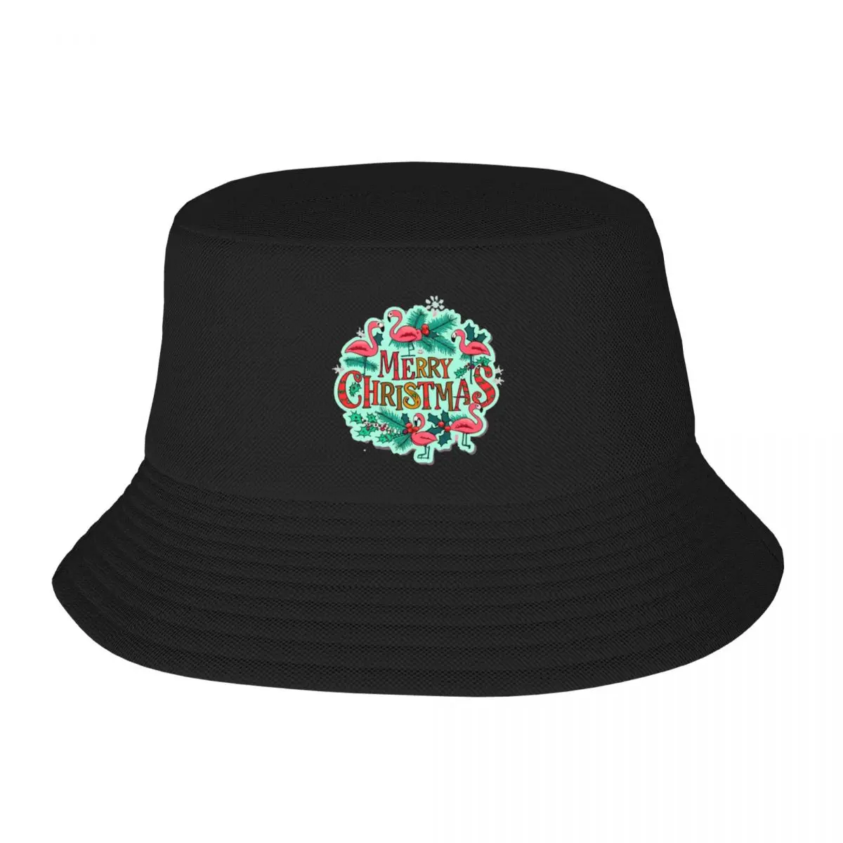 Cute pink flamingo wearing a christmas' hat and surrounded by christmas things Bucket Hat Caps Kids Hat Men's Cap Women's