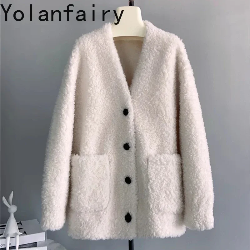 YOLANFAIRY-abrigo de piel de oveja para mujer, prendas de vestir de 100% Lana, abrigos de moda de invierno