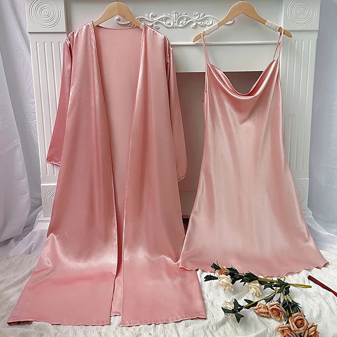 

Spring Summer Pink Kimono Bathrobe Gown Female Twinset Robe Nightdress Set Sexy Nightgown Sleepwear Loose Silk Satin Home Wear