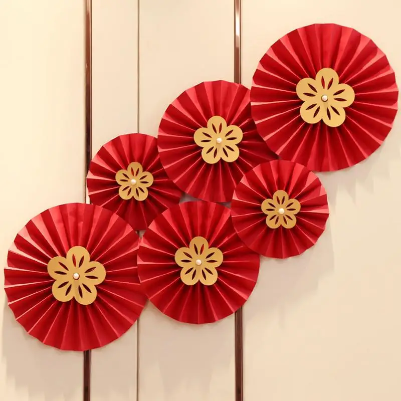 6pcs Red Hanging Paper Fan Chinese New Year Wedding Paper Fans Set Flower Paper Craft Background Wall Decor Festival Supply