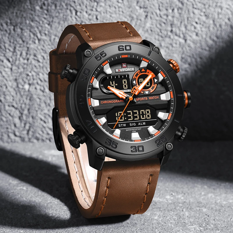 NAVIFORCE Man Watch Military Sports Analog Fashion Leather Quartz Wristwatches Day and Date Display Waterproof Clock Male Gift