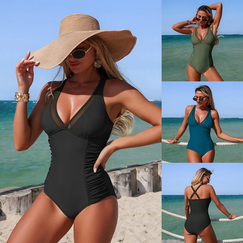 

One Piece Swimsuit Swimming Suit for Women New Fashion Retro Japanese Style Backless Simple High-Waisted Beach Vacation
