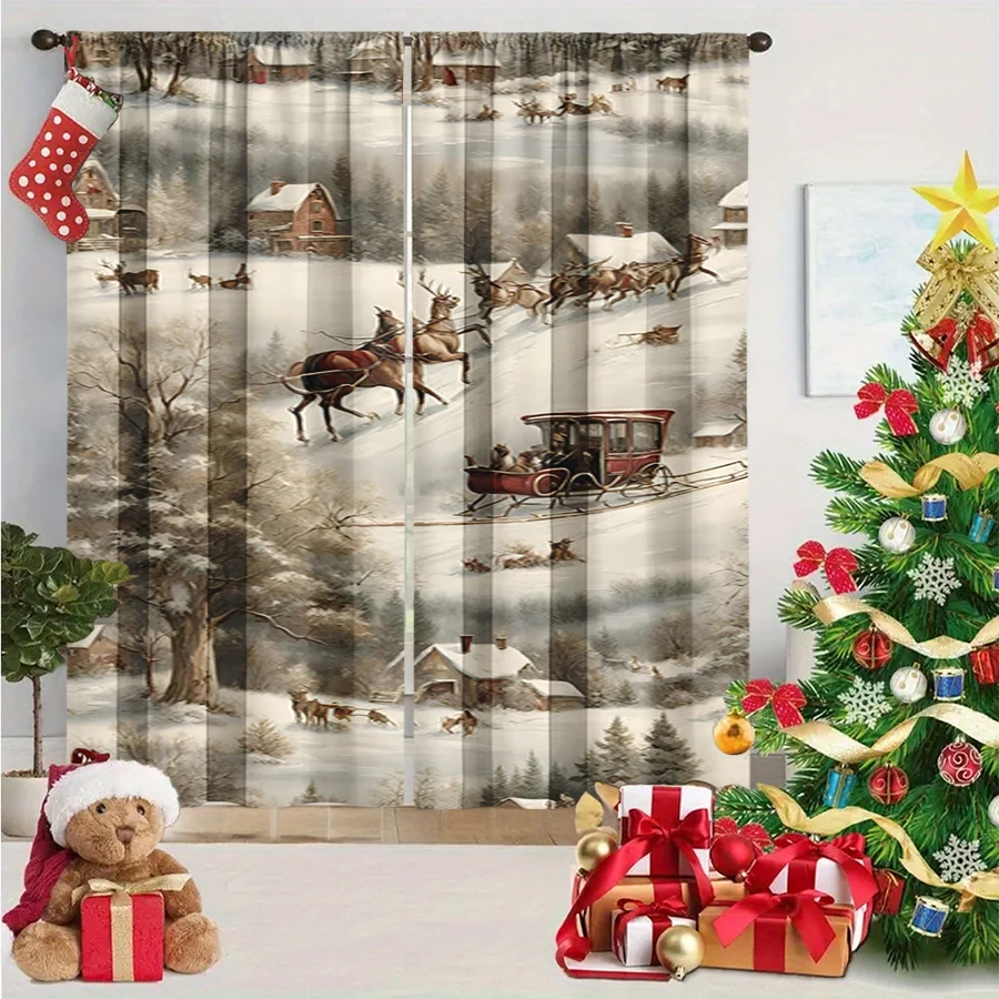 2PCS Digital Print Curtain, Vintage Winter Scene with Horse Drawn Sleigh and Snowy Village, Nostalgic Art, for Window Home Decor