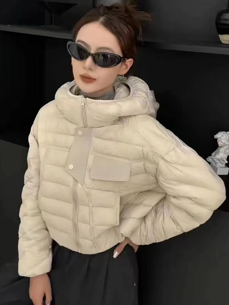 

Winter Pu Splice Lightweight Hooded Down Jacket Female Thicken Warm Zipper Quilted Jackets Women White Duck Down Puff Outwears