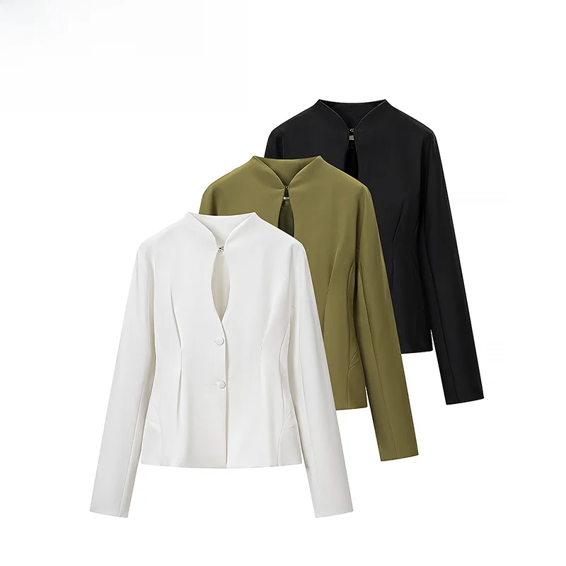 

Spring New ZR Women's Fashionable Versatile Design High Waist Suit Jacket Long Sleeve Polyester Pure Color Elegant Fit