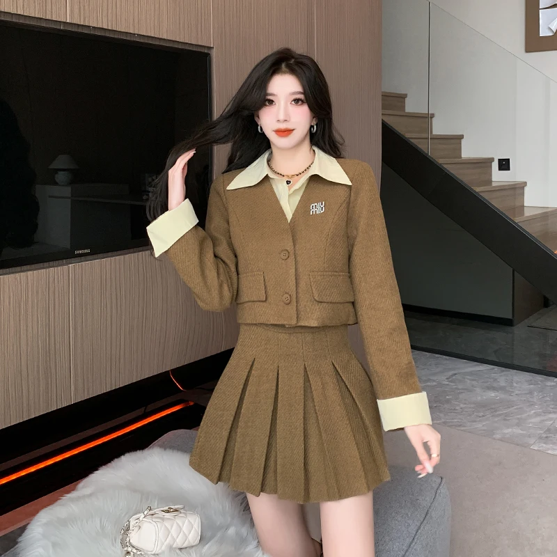 High Quality Fashion Women Autumn Winter Wool Shirt Patchwork Fake 2 Piece Jacket Outwear+High Waist Pleated MinI Skirts Sets