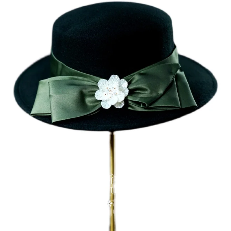 

French Ladies Vintage Flat Fedoras Headwear Dark Green Satin Bow Wedding Bride Hat Photo Shoot Party Chapeau Ceremonie Mariage