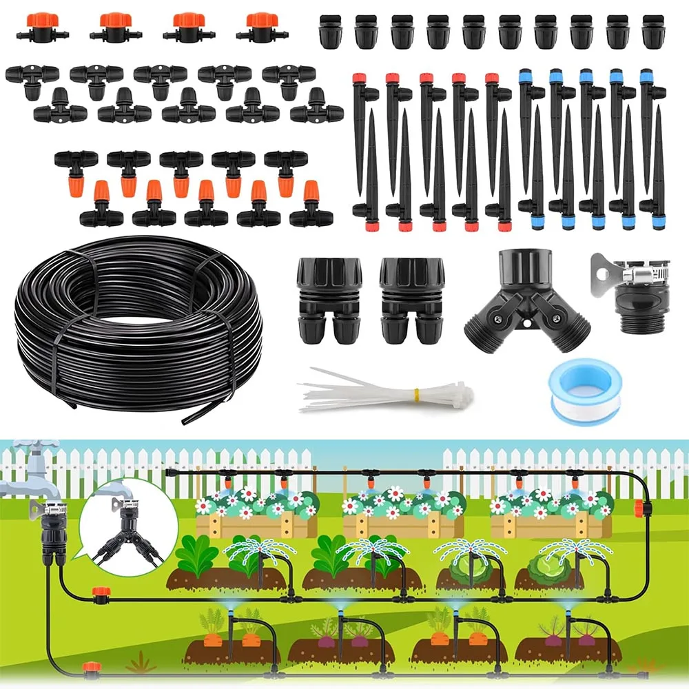 100FT/30.5M Drip Irrigation Automatic Micro Watering System Kit Locked-Connect with Tubing Hose and Misting Nozzle for Garden