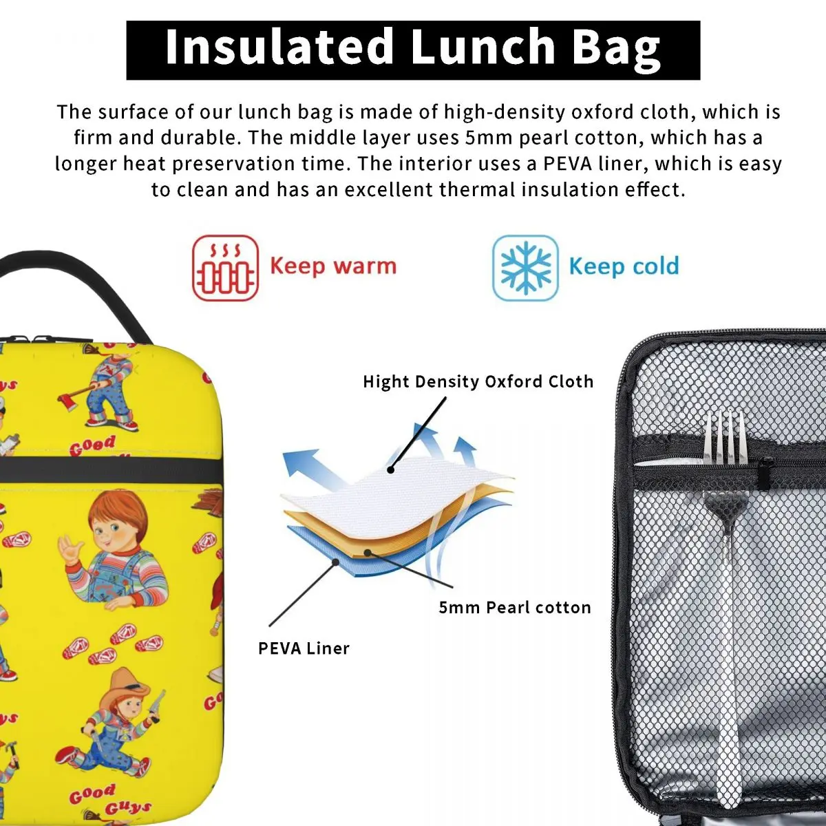 Good Guys Childs Play Insulated Lunch Bag Large Chucky Horror Movie Reusable Cooler Bag Tote Lunch Box Work Travel Girl Boy