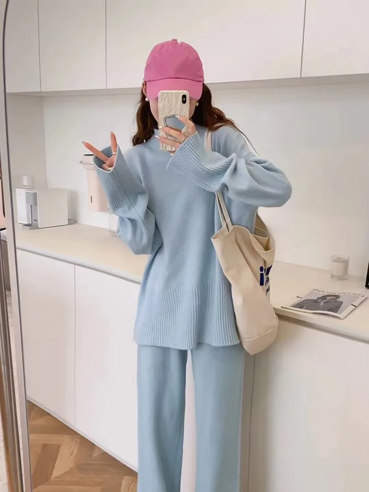 

Women Korea Style Loose Fleece 2 Piece Set Autumn Winter Solid Half High Collar Top Casual Female Long Pant Knitted Suit Fashion