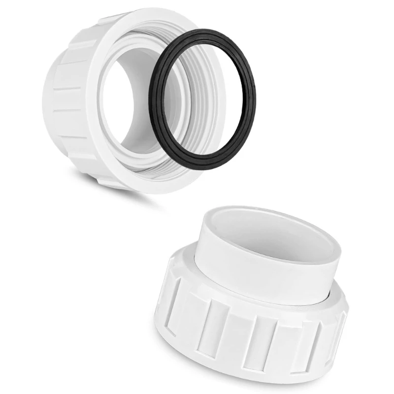 Pool Pipe Union Fitting Set for Chlorinator Service, PVC Threaded Joint with Sealing Washer for Backyard Pool Maintenance 55KD