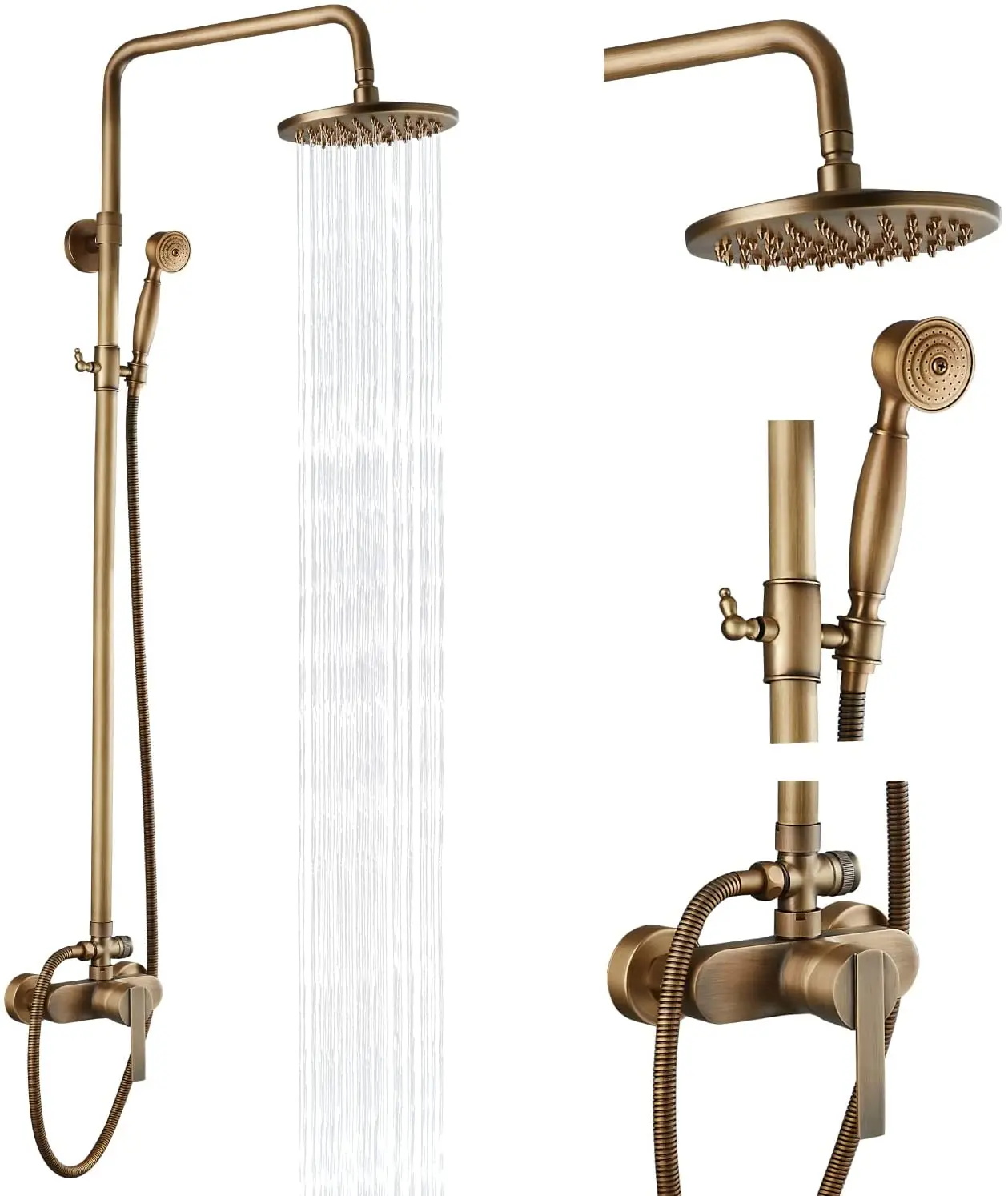 

Antique Brass Bathroom Shower Faucet Set 8 Inch Rainfall Shower Head With Handshower Wall Mount Bathroom Shower Mixer Tap