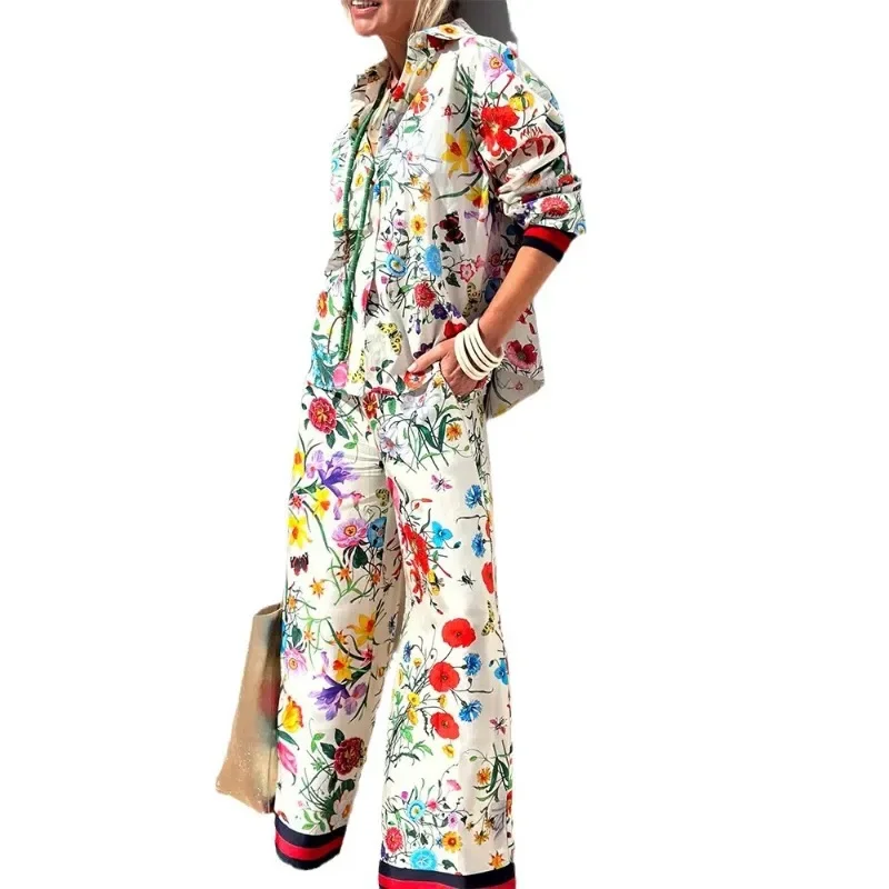

Элегантный шикарный отпуск, свободная одежда для отдыха, рубашка с длинным рукавом, широкие брюки, костюм в стиле бохо, летний женский комплект из двух предметов с цветочным принтом