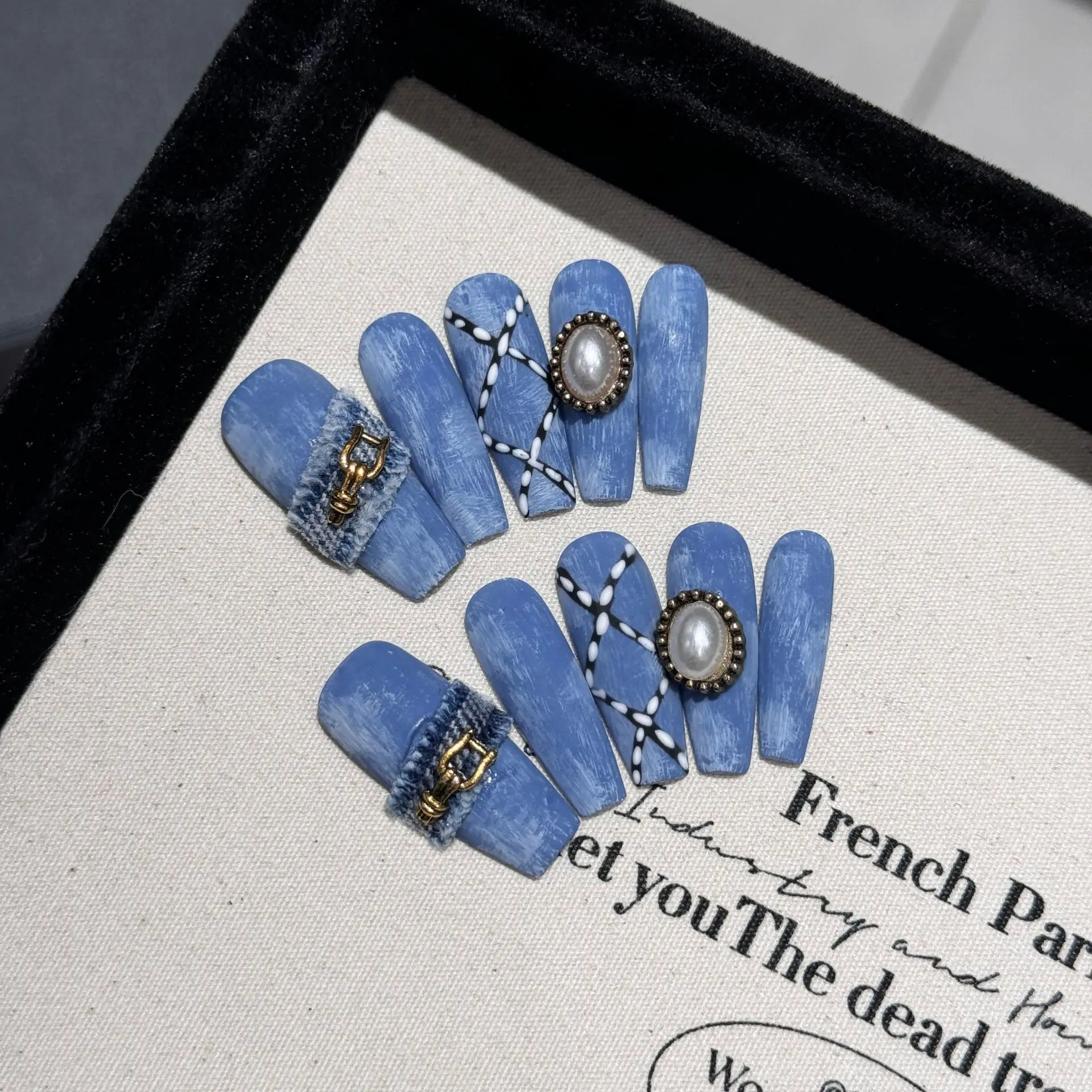 10 Pieces Blue Denim Press On Nails Handmade Denim Raw Edge Gold Snap Rope Pearls Fake Nail Patches Removable