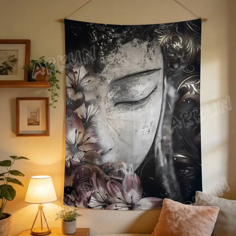 Vintage Floral Buddha Statue Tapestry, Serene Sleeping Buddha with Flowers Dark Aesthetic Meditation Spiritual Wall Decor