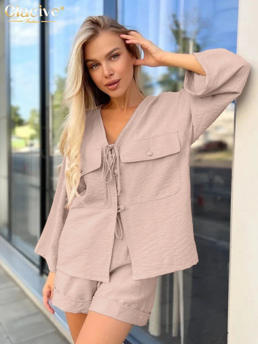 

Clacive Fashion Loose Khaki Women's Two Pieces Set 2025 Casual Long Sleeve Shirt With High Waist Shorts Set New In Matching Sets