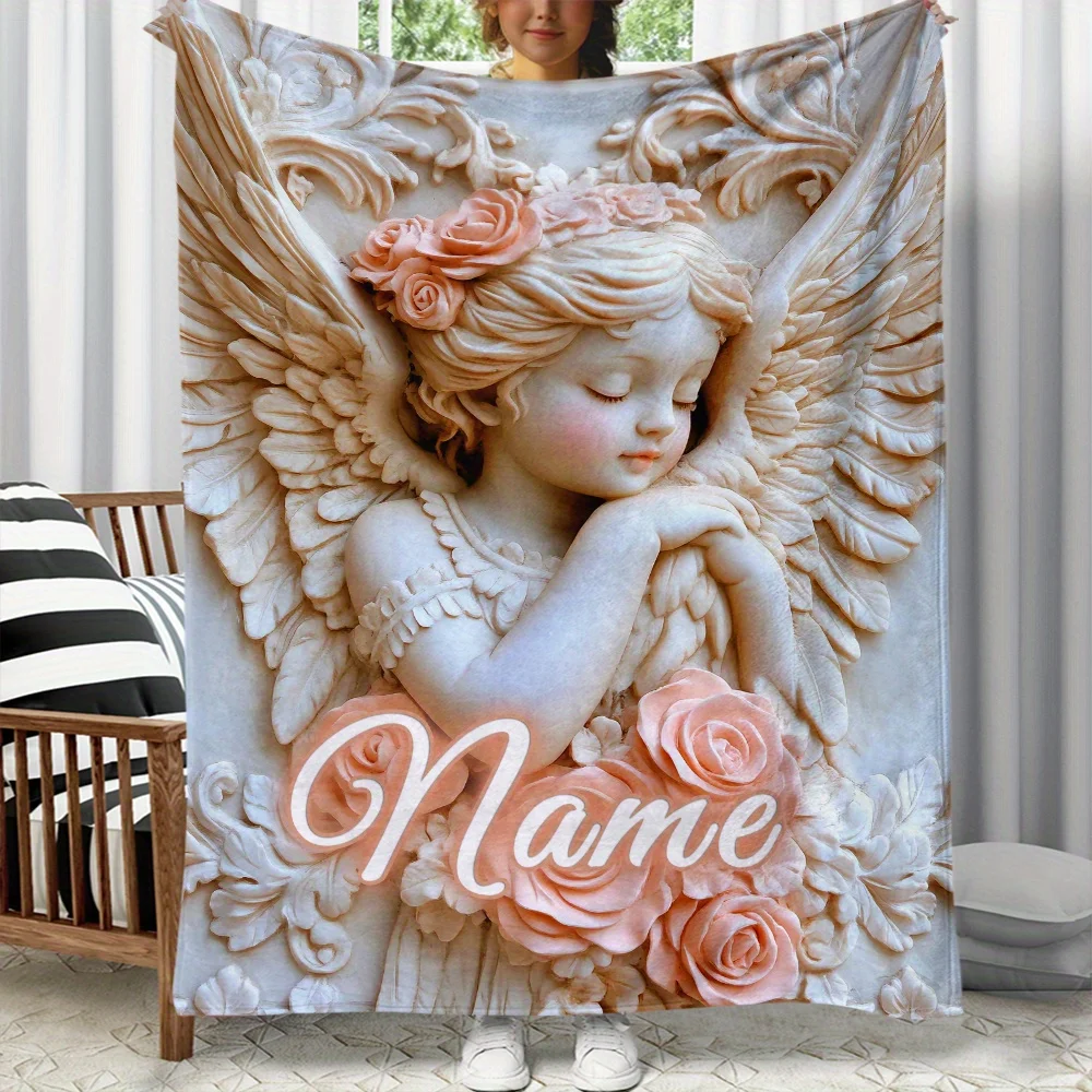 بطانية فانيلا منحوتة ملاك مخصصة، ناعمة وخفيفة الوزن ودافئة، مناسبة للسفر والتخييم وغرف المعيشة والمكاتب