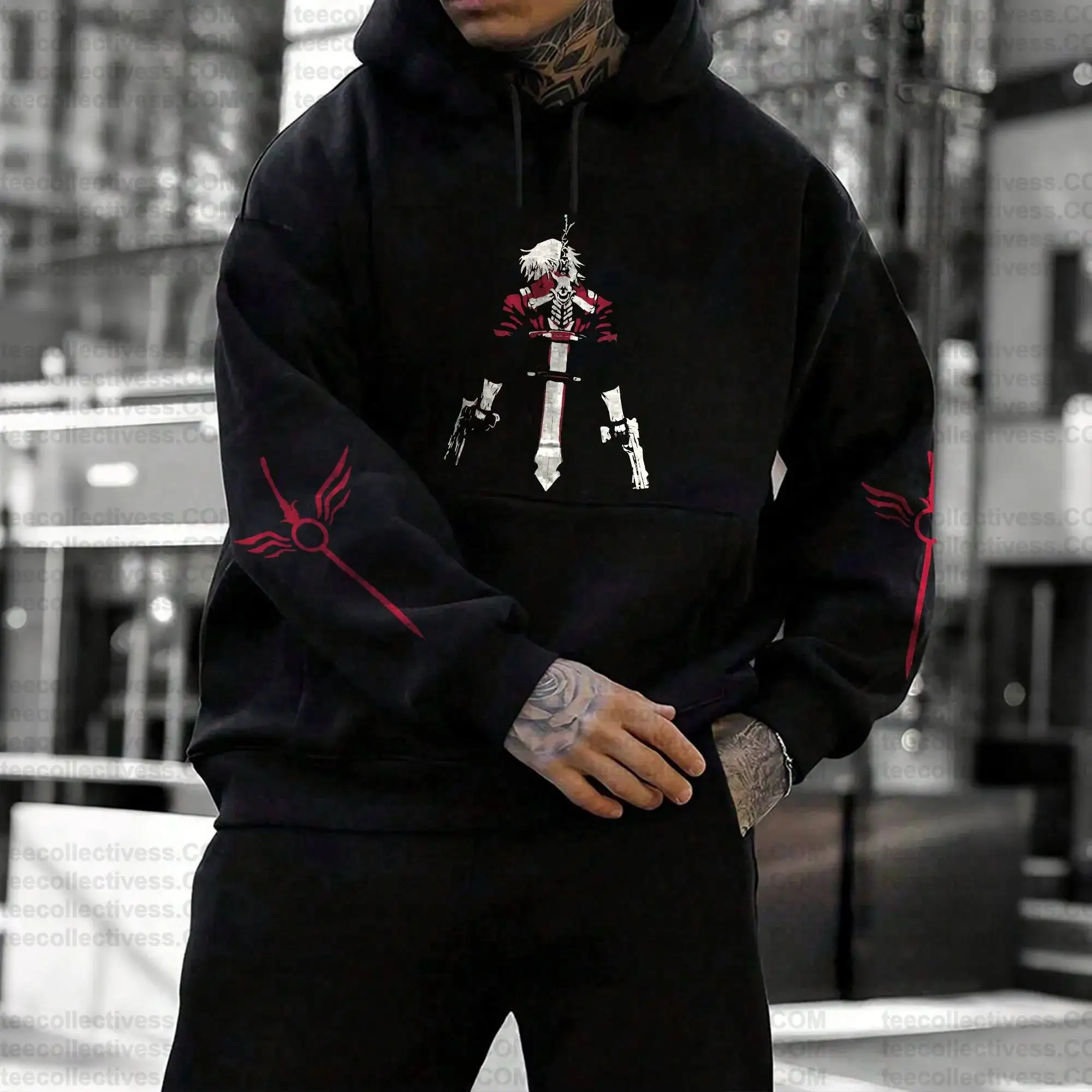 Devil May Cry 5 Hoodie Set Black Cotton Video Game Character Dante with Red Coat and Sword Print Long Sleeve Casual Outfit