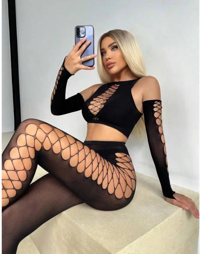 Sexy Lingerie Lady sexy underwear Bodystocking Classic Sexy Fishnet Mesh Crop Tank Top & Leggings Lingerie Set Without Liner