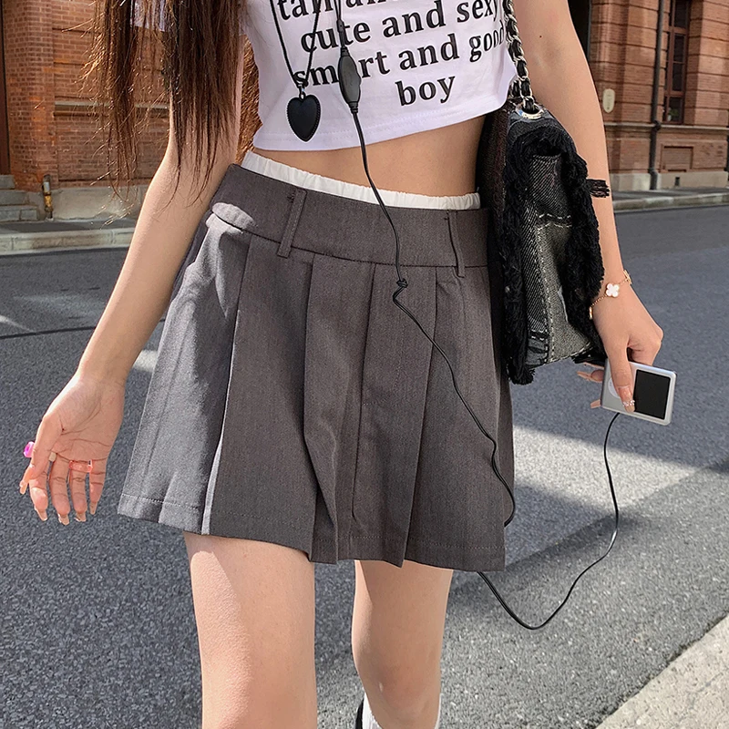 

Contrast Color Patchwork Y2K Pleated Mini Skirt Women 2024 Summer Preppy Style Student All Match Skirts With Shorts Saias Falda