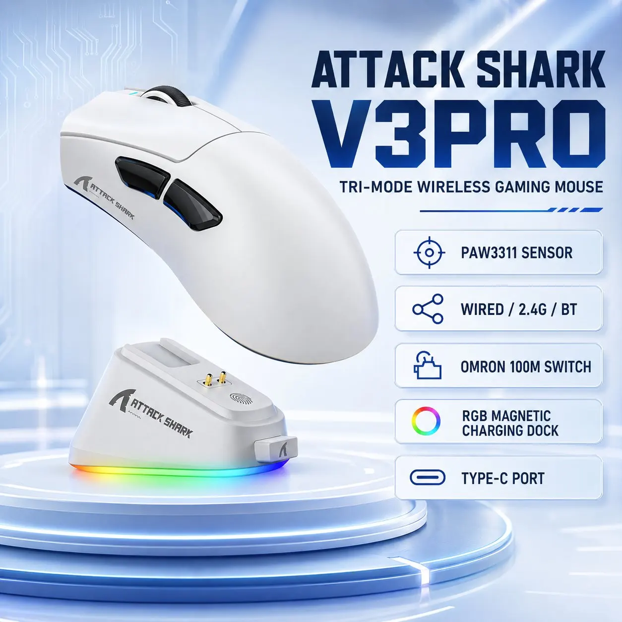 ATTACK SHARK V3PRO Tri-Mode Gaming-Maus PAW3311 25000 DPI 400IPS 40G OMRON 100M Schalter Typ-C Wiederaufladbar für PC Laptop