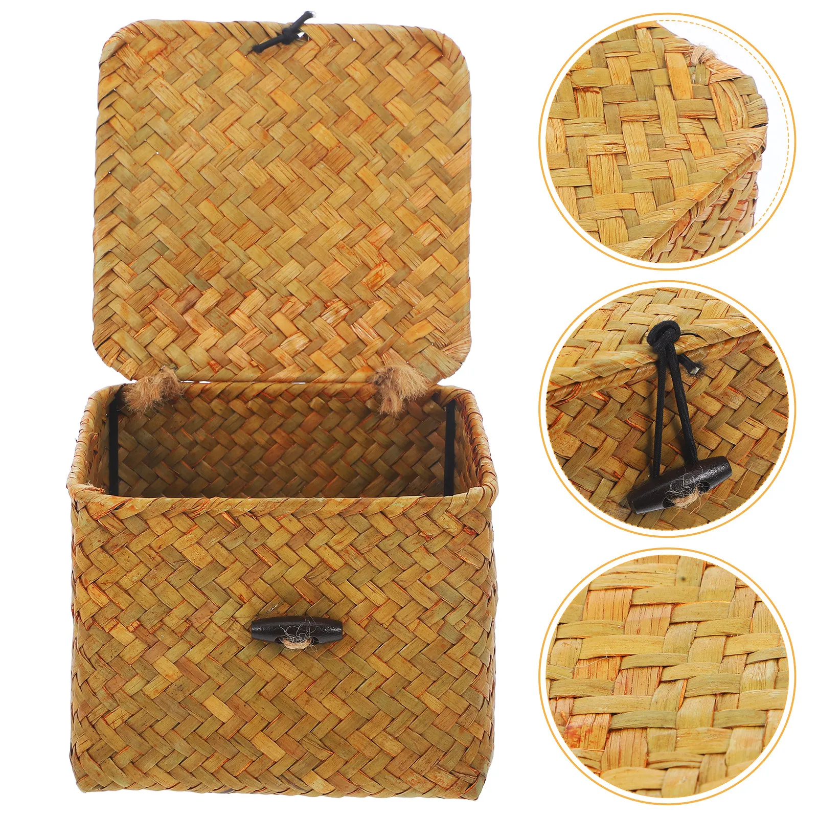 Square Cattail Stem and Cord Storage Box with Lid for Rings Tea Necklaces Earrings Bracelets Home Organization Decorative