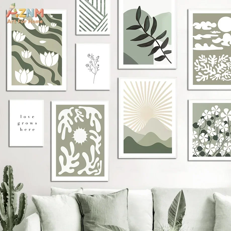 AZNM Sage Green Boho Canvas Wall Art Abstract Sun Mountain Lotus Leaf Coral Line Flower Quote Neutral Aesthetic Print Poster Liv