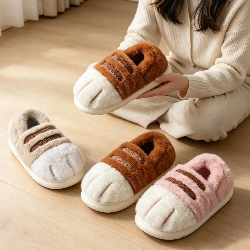 Kids'Slippers Plush Cartoon Fluffy Suede Winter Shoes For Children Anti-slip Thick Bottom Home Slipper Khaki Pink Size 36-45