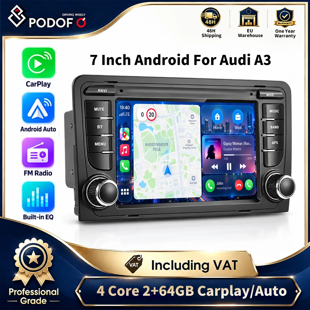 Podofo, lettore multimediale Android da 7 pollici per auto, compatibile con Audi A3 8P (2003-2012), S3, RS3 Sportback, dotato di navigazione GPS, WiFi, Bluetooth, radio FM, CarPlay wireless e funzione