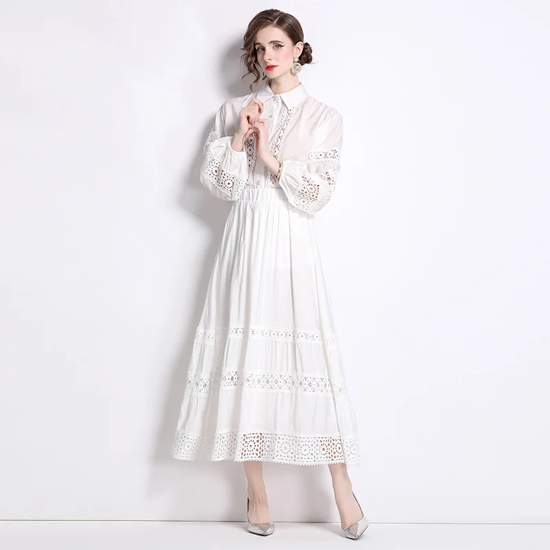 

Faionable 5 irt And High Waist Skirt Set with Lantern Sve Polka Dot Trimmed Collar Stand up Sle for Women over 35