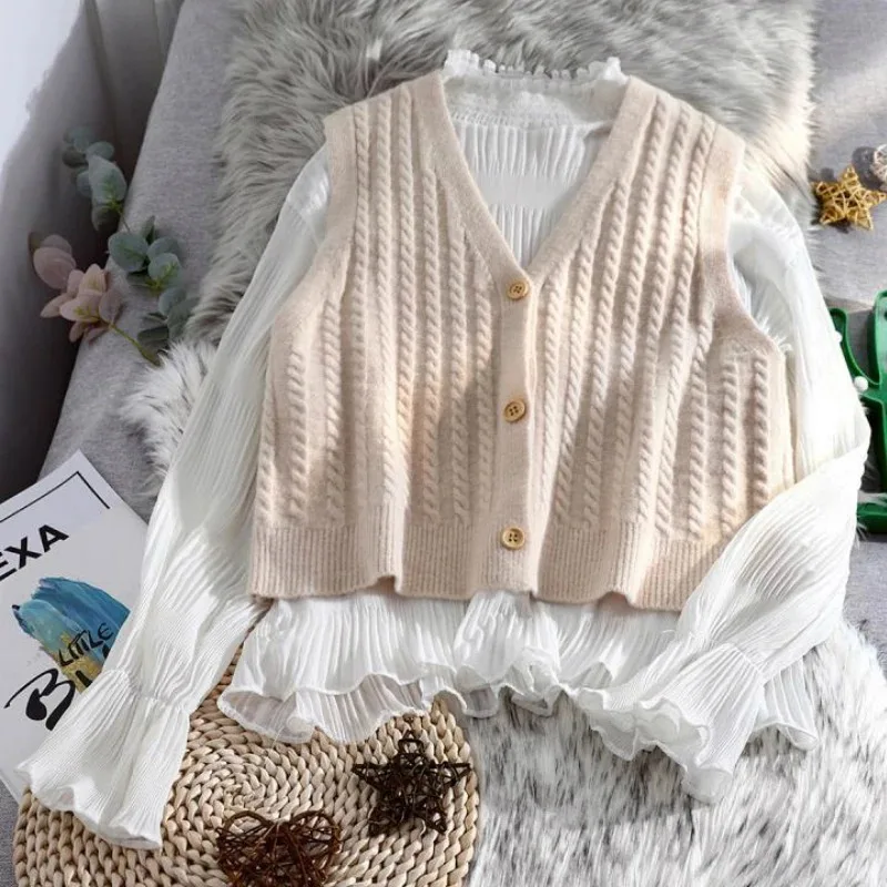 V-neck Sweater Vests Women Knitting Tops All-match Simple Korean Style Temperament Baggy Spring Leisure Solid Lovely Students