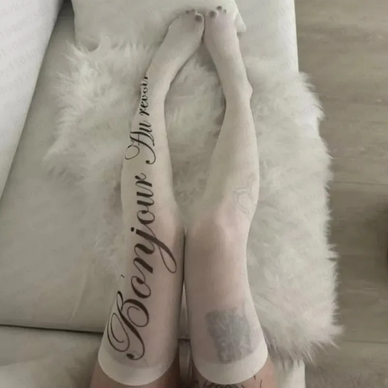 Harajuku Letter Printing Pattern Stockings for Women Sexy Goth Knee High Socks Pantyhose Gothic Over Knee-high Letter Long Socks