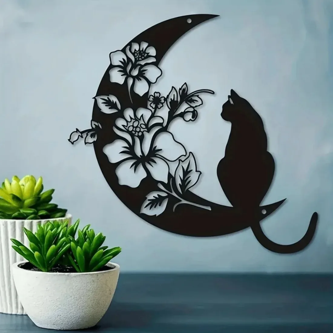 Black Cat Moon Phase Flower Metal Wall Art, Mystical Style Home Wall Decor