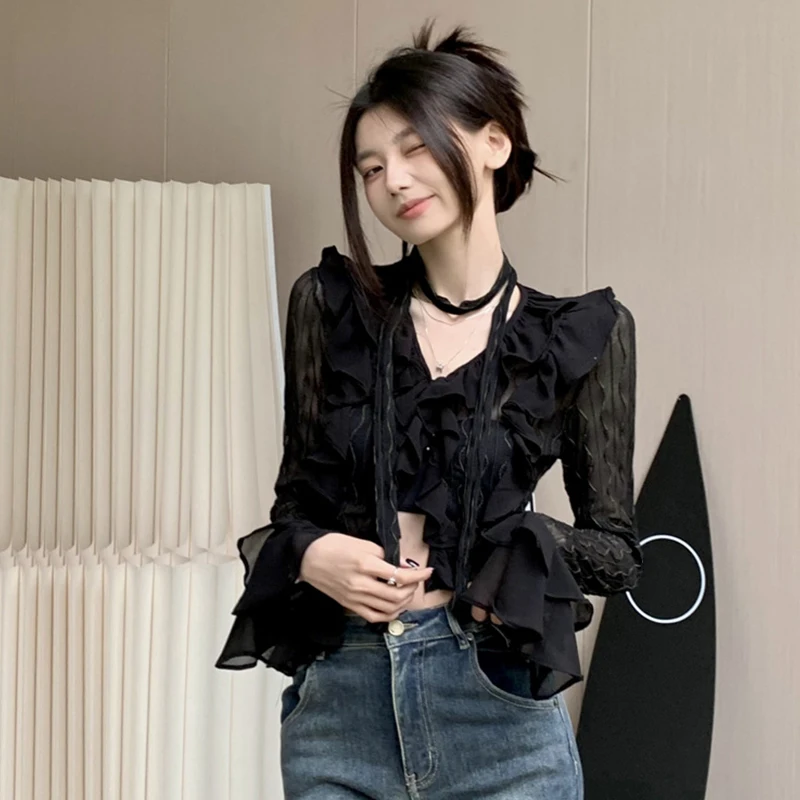 Women\'s  Y2K  Aesthetic Spring and Summer Mesh Top Black Long Sleeve V-Neck Irregular Ruffle T-Shirt