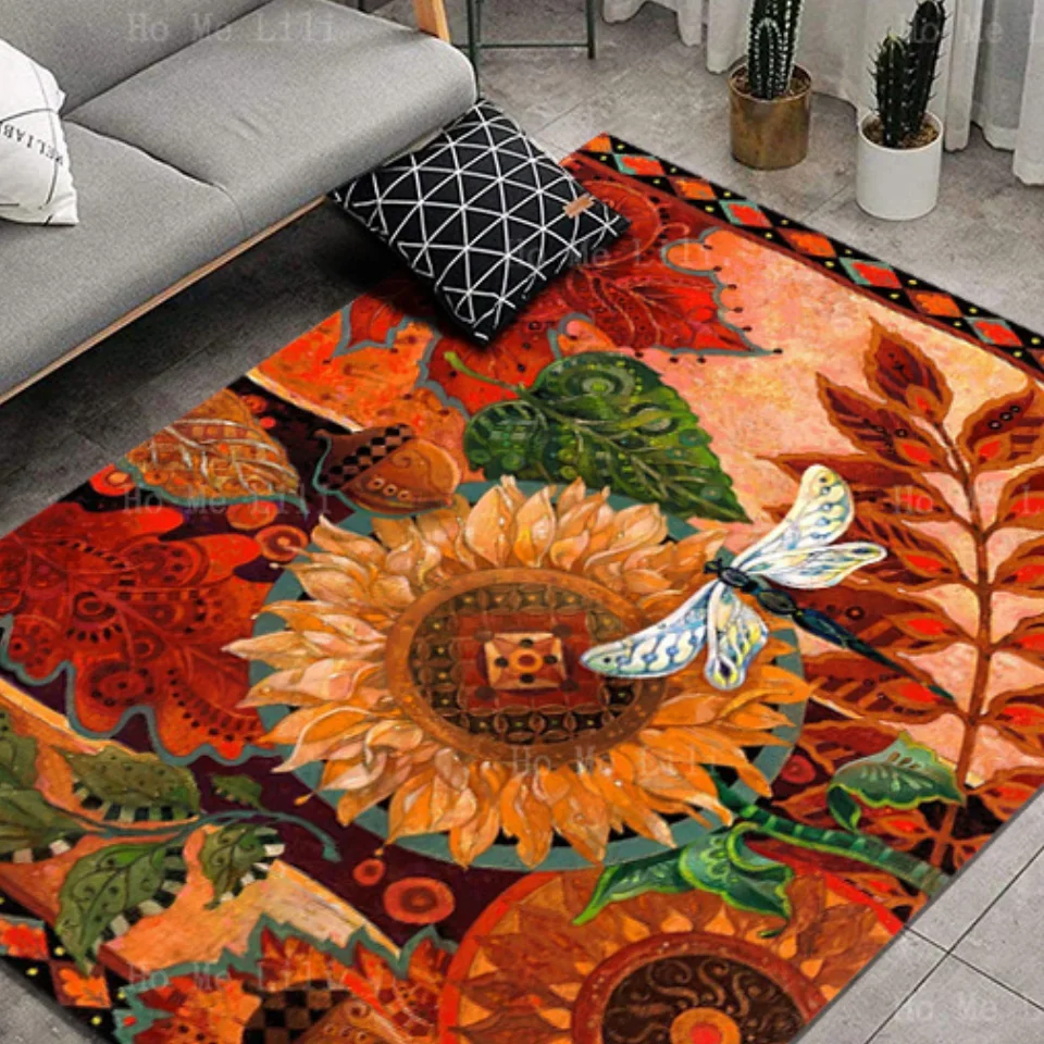 The Blooming Of Sunflowers Attracts Dragonflies Non Slip Flannel Floor Rugs By Ho Me Lili