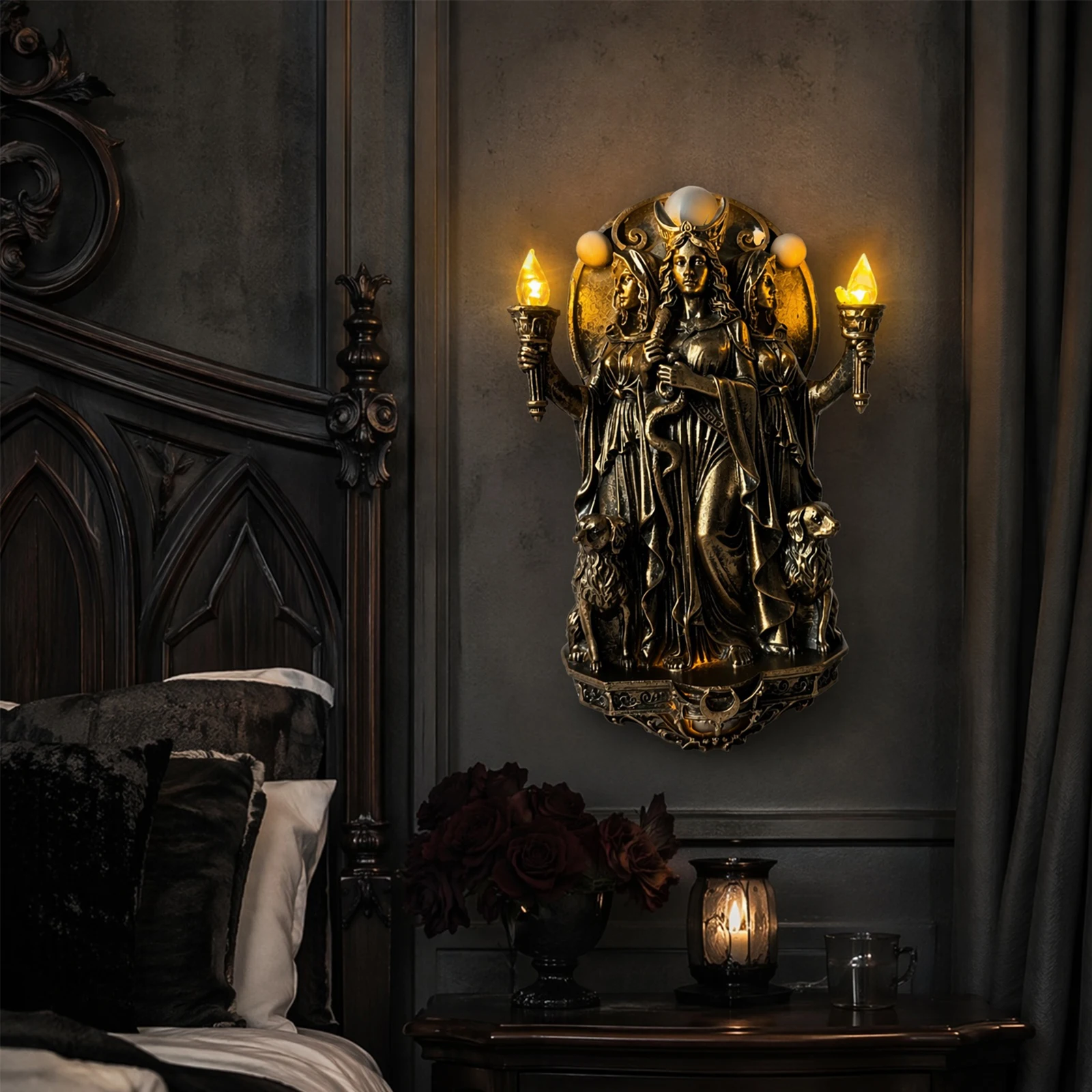 Triple Goddess LED Wall Light with Torches & Dogs Wall Sconces Cordless Design Sconce Lamps for Bedroom Stair Hallway