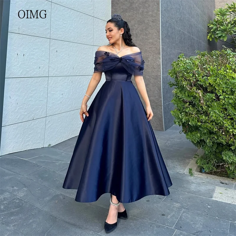 

OIMG Elegant Navy Blue A Line Prom Gowns Flowers Off The Shoulder Party Gown Ankle Length Evening Dress 2026 Customized