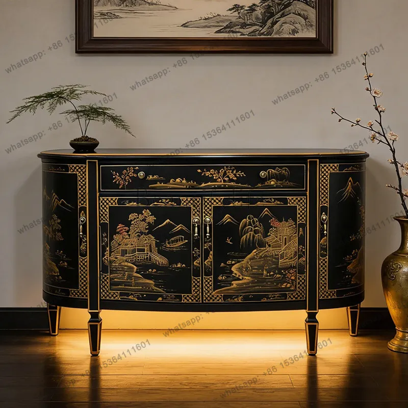 FG French Chinese style retro painted entrance decorative cabinet solid wood hand painted storage side cabinet