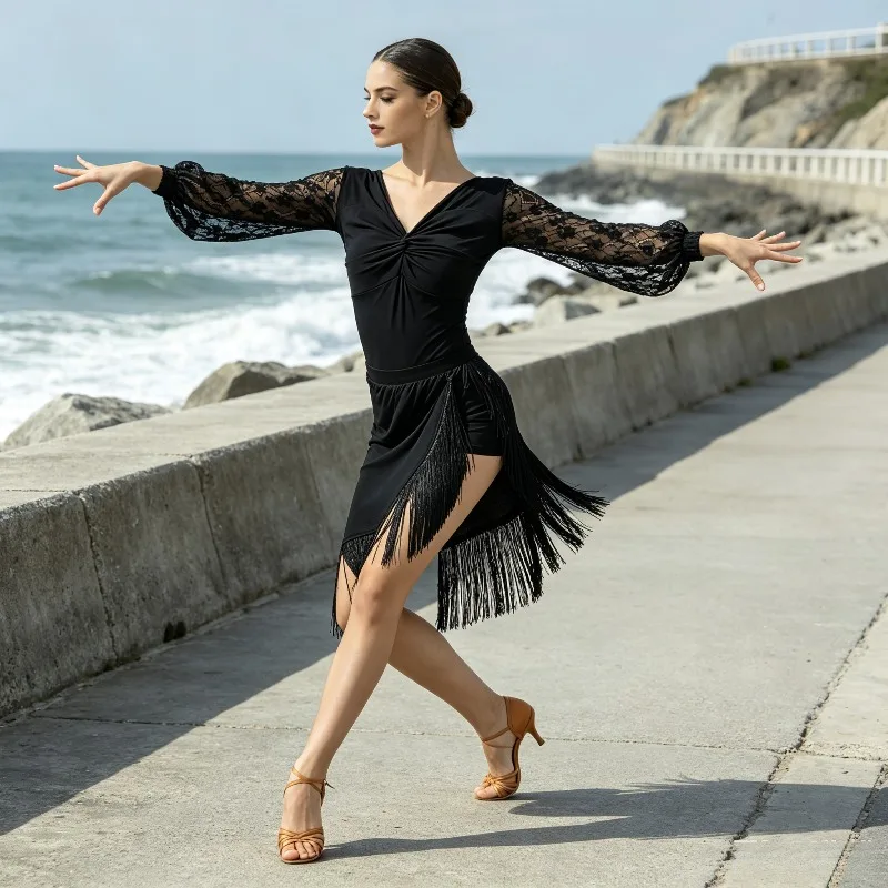 

Women's Latin Dance Set with V-neck Lace Long Sleeved Top and Irregular Tassel Skirt for Body Training and Daily Practice