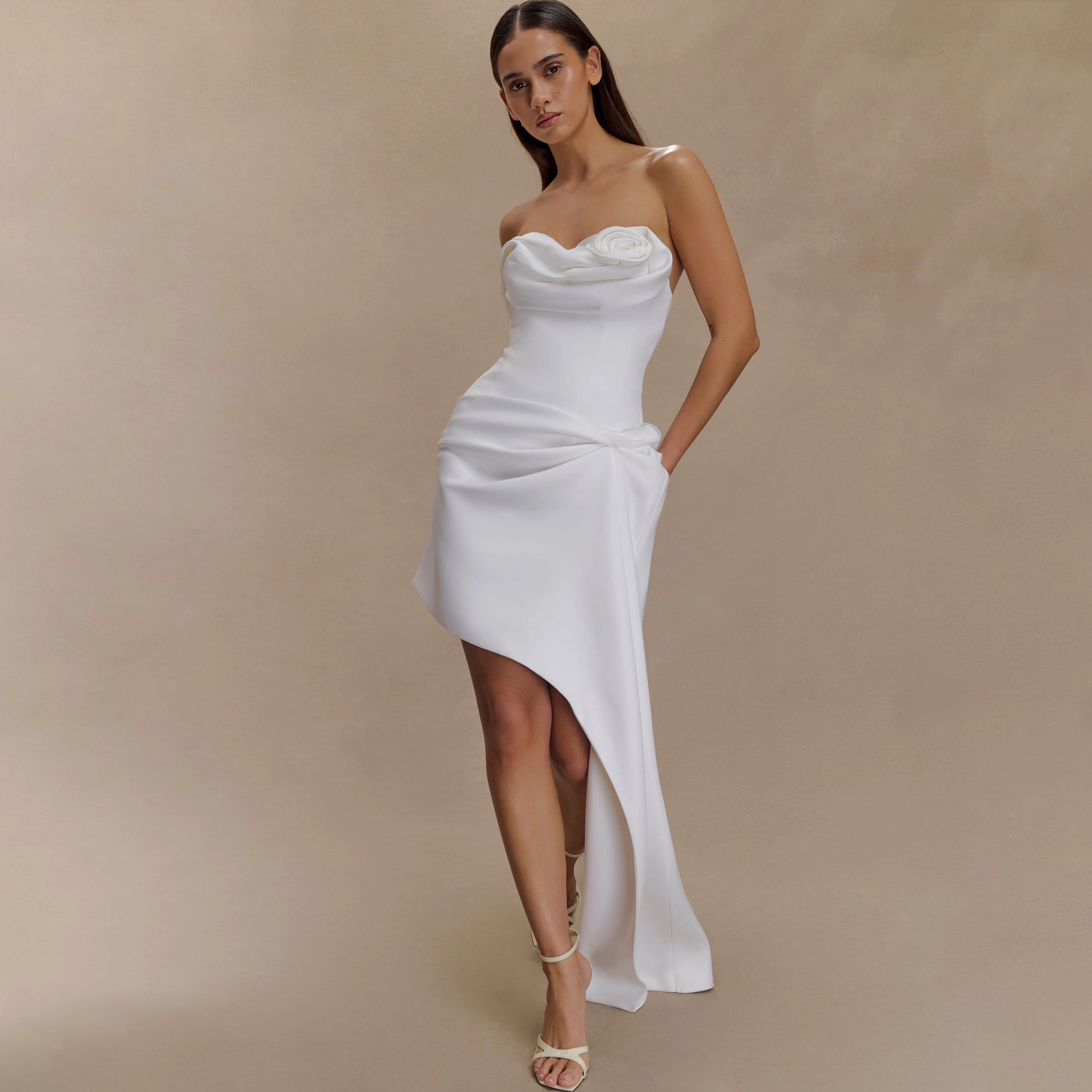 Women Strapless Satin 3D Rose Wedding Dress Asymmetrical High Low Ruched Fitted Mini Evening Gown Cocktail Party Prom Reception