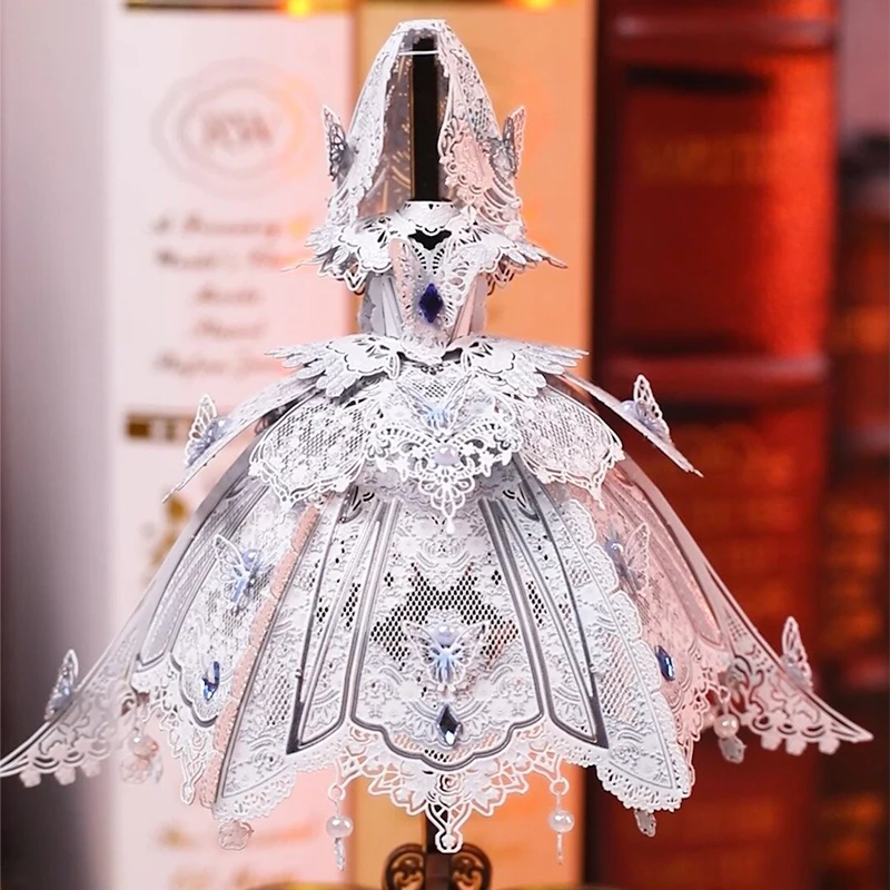 DIY 3D Metal Puzzle White Wedding Dress Miniature Model Kits Assembly Dancing Dress Jigsaw for Friends Birthday Gifts Home Decor