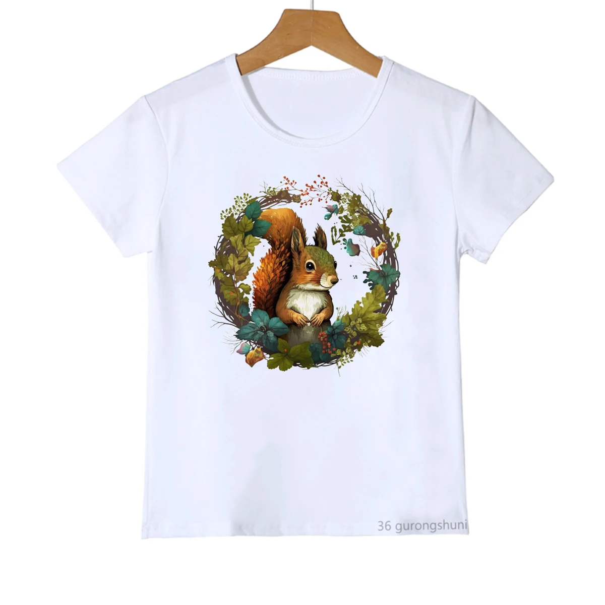 New Kids Tshirt Cute Squirrel With Wreath Heat Fall Animal Print Tshirt For Girls Fashion Harajuku Boys Girls Universal Clothing