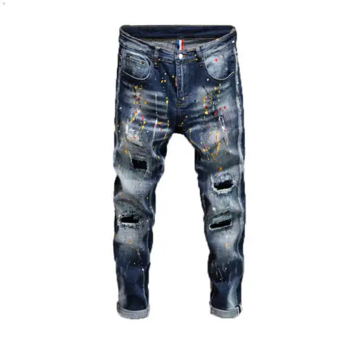 

Colored Paint Casual Washed Denim Trousers Jeans Ripped Slim Fit Pant Men's