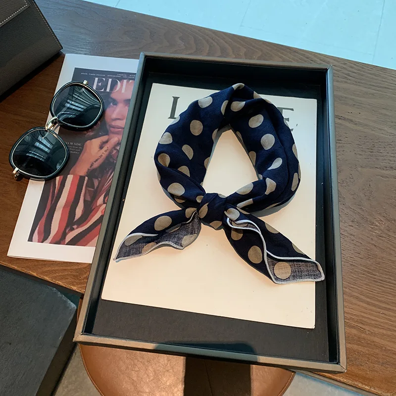 Commuter Cotton Blended Small Square Scarf Blue Polka Dot Temperament Korean Version Scarf Headscarf Temperament Silk Scarf