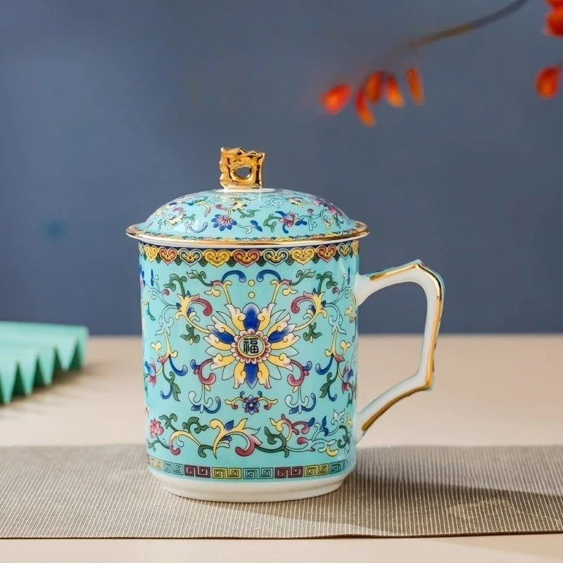 

1pcs Chinese Blue and White Enamel Ceramic Cup for Office Meeting Home Use Tea Making with Lid Bone Porcelain Water Cup