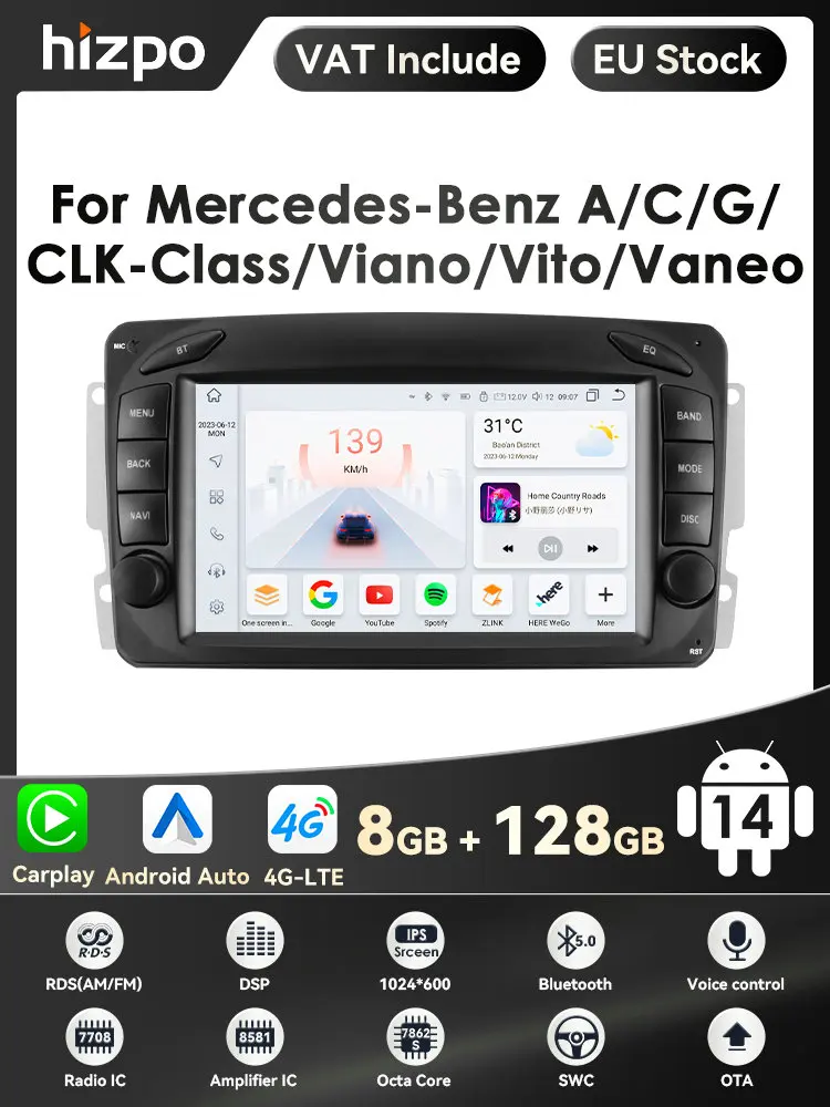 Octa-Core 2din Android 14 Radio Stereo Auto Multimedia Player für Mercedes Benz W203 Vito W639 W168 Vaneo CLK W209 Navigation RDS