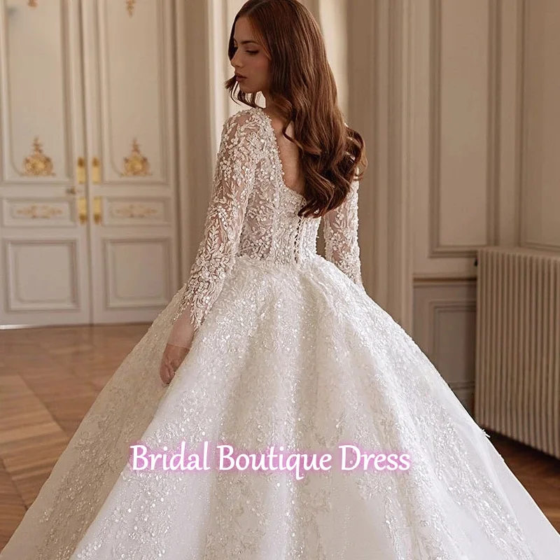 Personalizado luxo querida renda trem vestido de baile vestidos de casamento fora do ombro apliques manga longa vestido de noiva novi